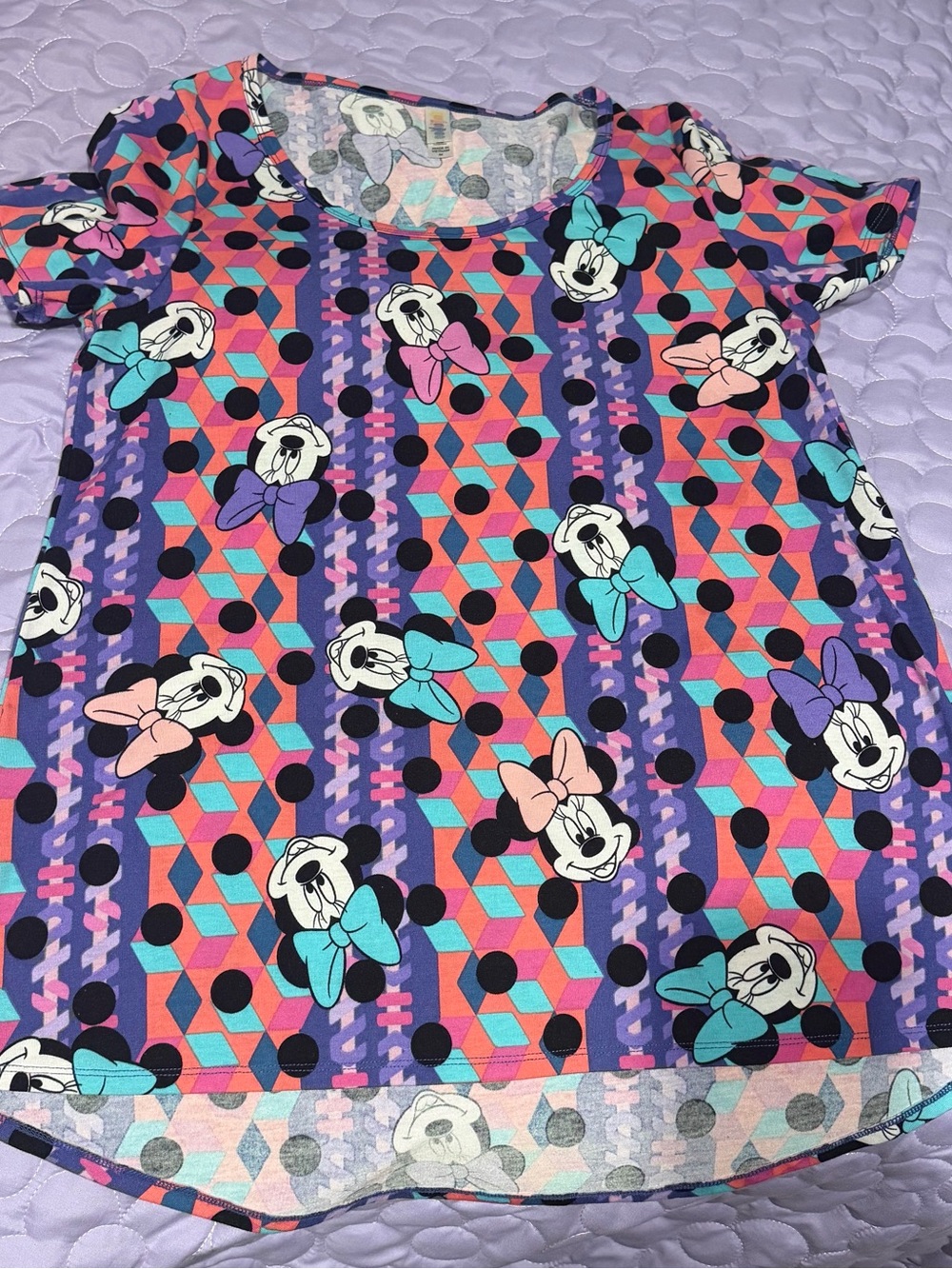 LuLaRoe Minnie Mouse Purple, Pink & Teal Short Sleeve Top